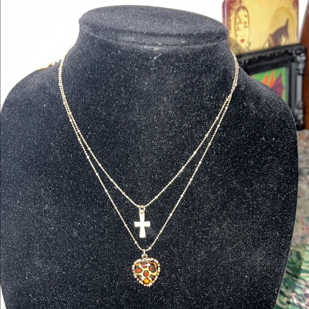 Betsey Johnson Gold Double Layer Necklace with Cross and Heart Pendant
